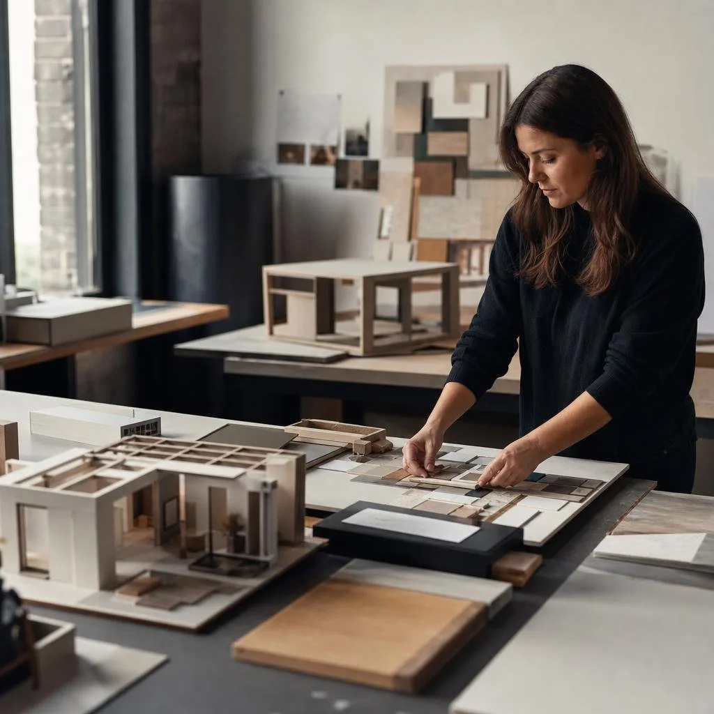 Exhibition design studio workspace with scale models and samples